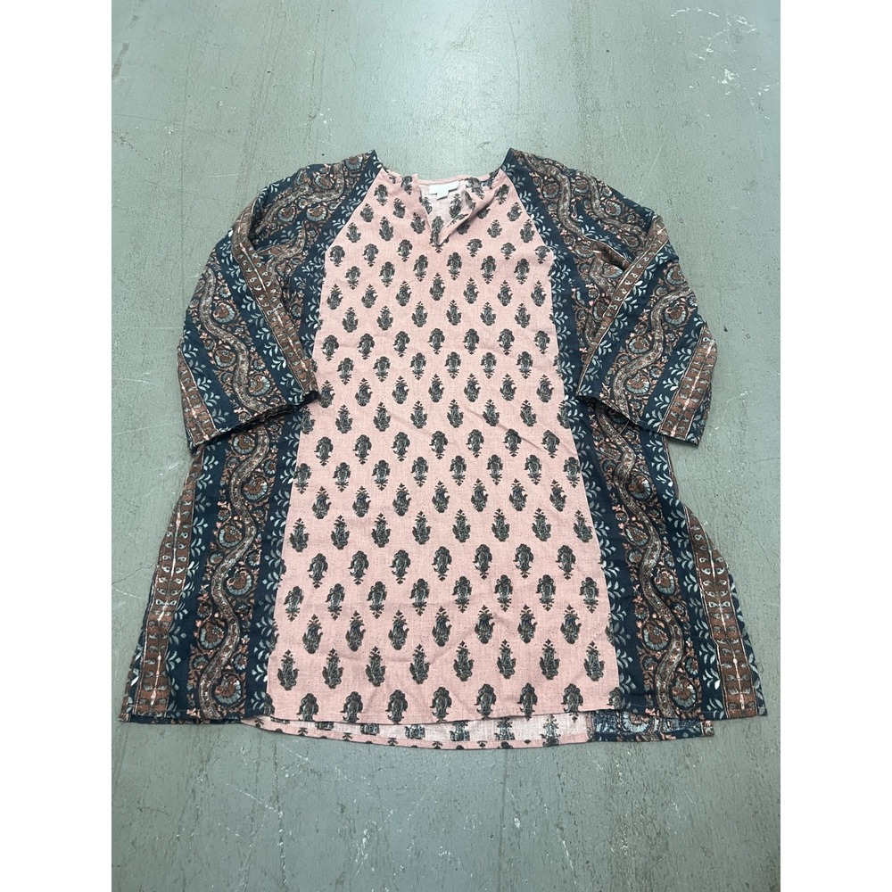 Pure Jill Shirt Womens M Multi Folkloric Stamped‎ 3/4 Sleeve V-Neck Peasant Boho